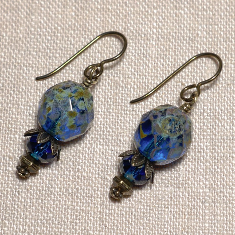 Hand Crafted Handmade Earrings Blue Faceted Picasso Finish Czech Glass E…